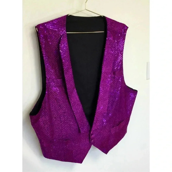 Vintage Womens Mens 2XL Waistcoat Vest Purple Sequins V Neck Button Closure - Picture 1 of 9